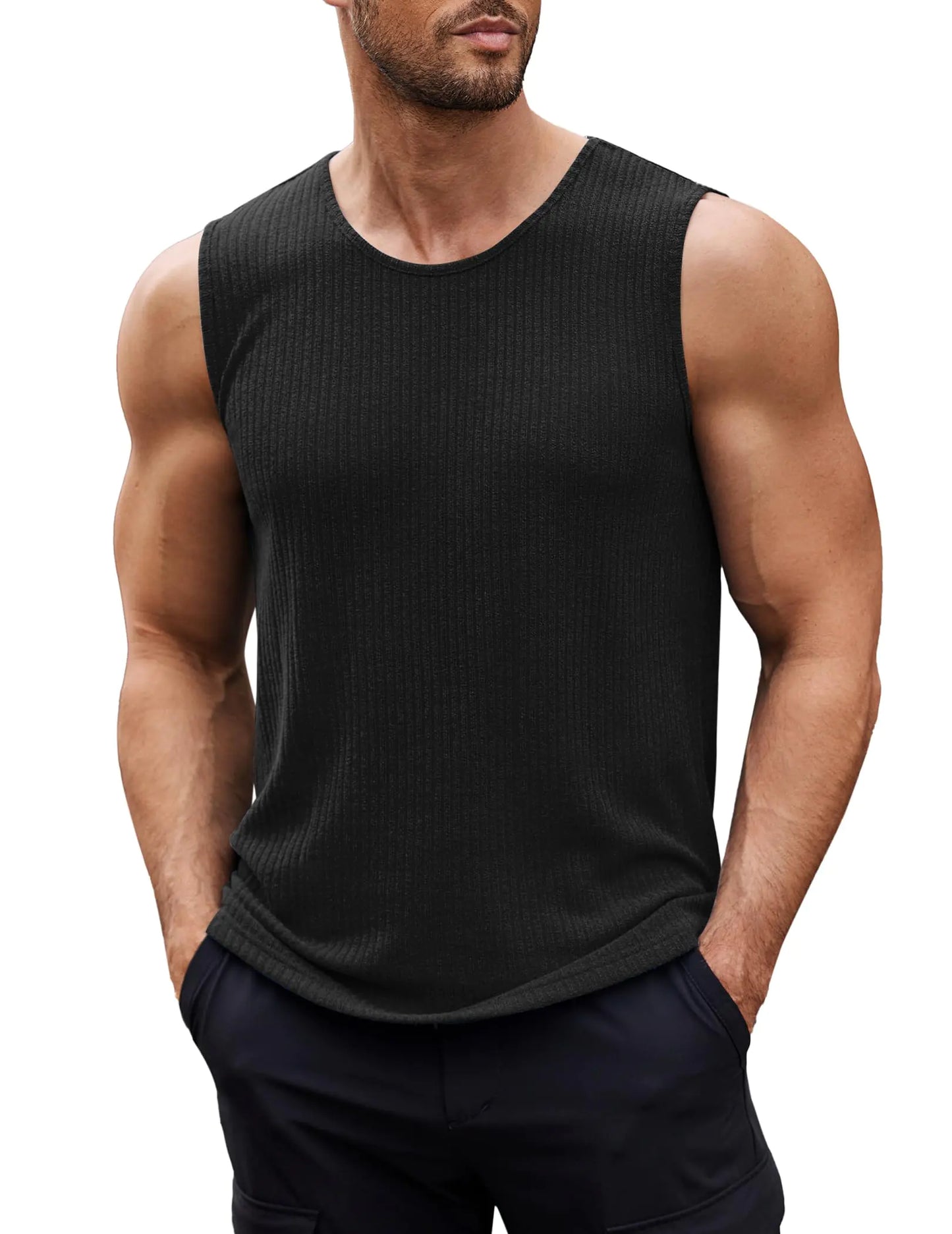 Mens Casual Tank Tops Sleeveless Fitted Knit Tanks Muscle Tees Black