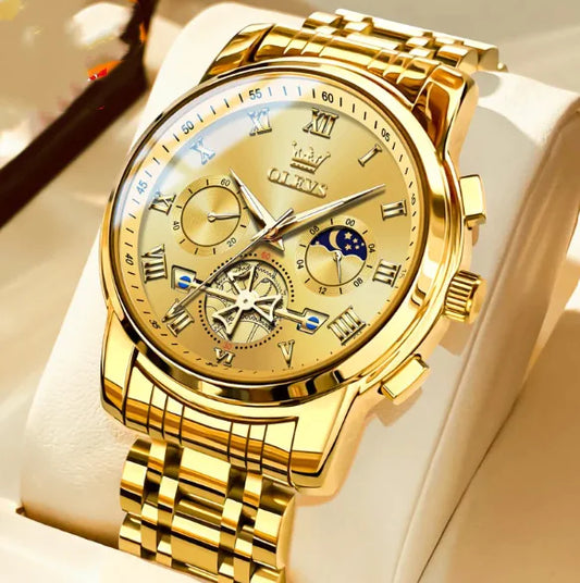 Men's Luminous Multifunctional Waterproof Quartz Watch with Stainless Steel Band