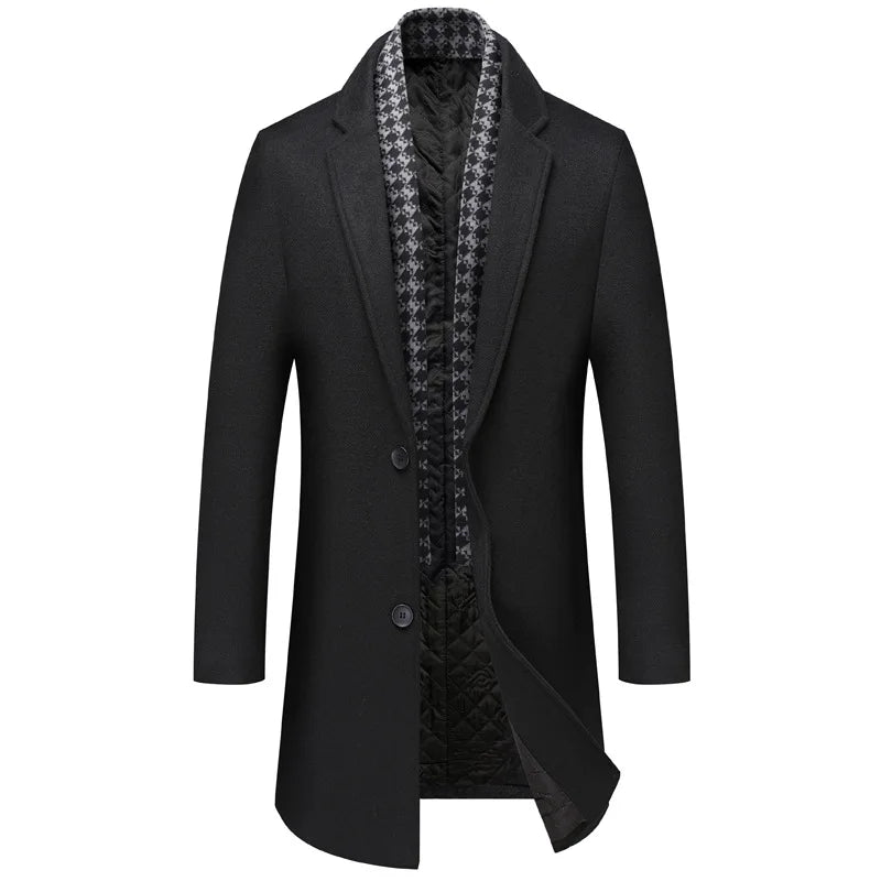Men's Mid-Length Wool Blend Trench Coat with Scarf