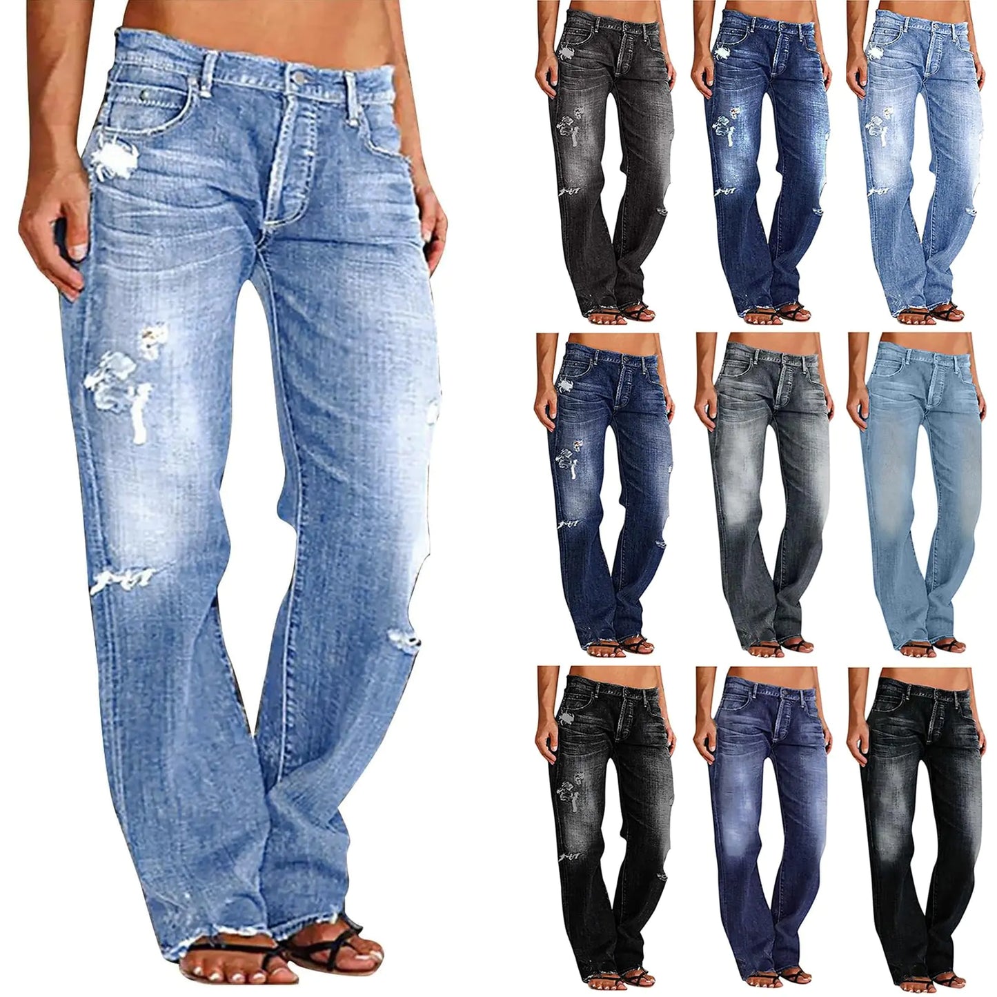 Straight Leg Jeans for Women Distressed Wide Leg Jeans Low Rise Ripped Jeans Raw Hem Baggy Jeans Elastic Waist Pull On Jeans Causal Bootcut Stretchy Jeans Boyfriend Denim Pants Jeans for Women