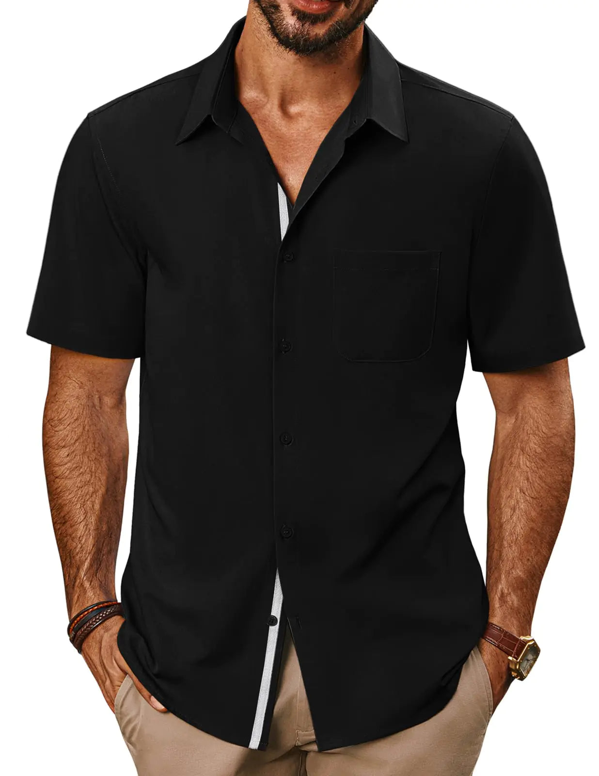 Camisas casuales de PJ PAUL JONES para hombre, camisas de manga corta con botones, camisas de verano sin arrugas con bolsillo, negras