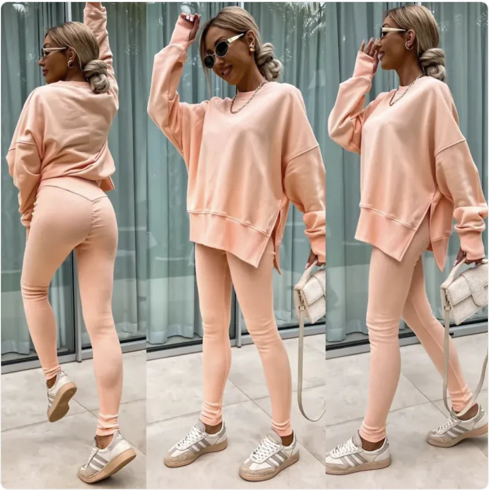 Women's Casual Sweater Set with Split Top and Tight Trousers