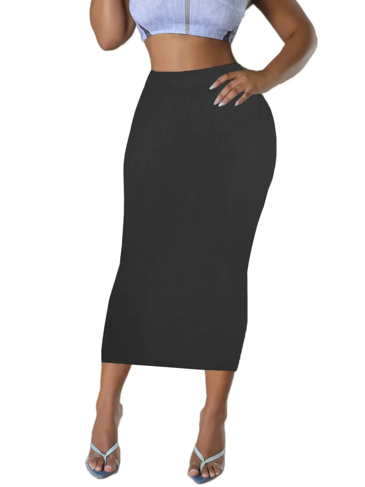 Womens Long Midi Bodycon Skirt - High Waisted Summer Casual Club Going Out Y2K Tight Pencil Skirts Black M