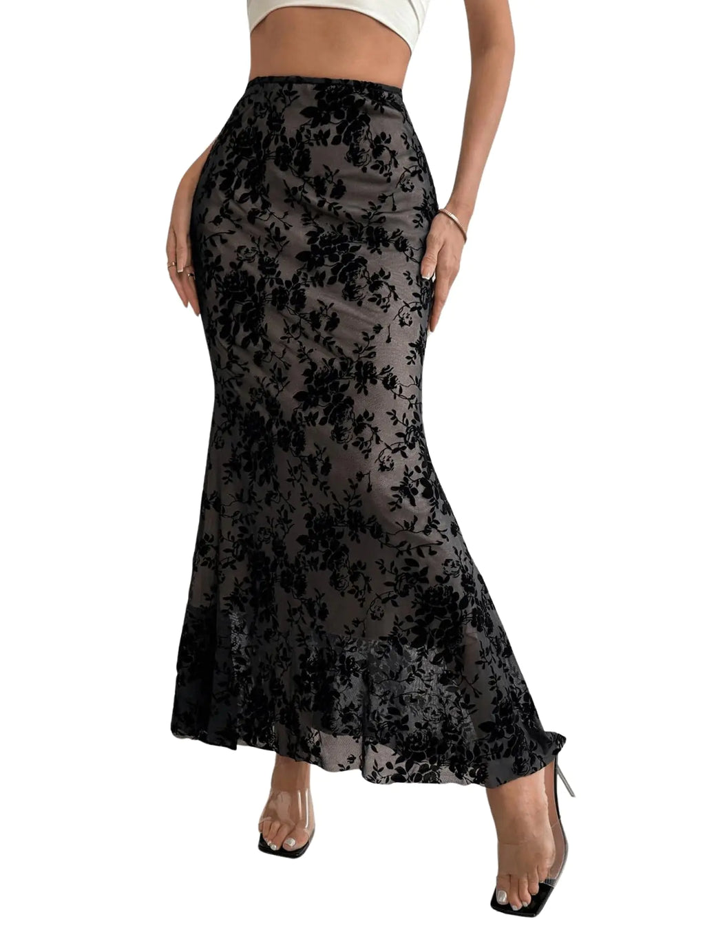GORGLITTER Damen-Rock mit Blumenmuster, Netzstoff, hohe Taille, langer Rock, Rüschensaum, ausgestellter, schmaler Rock, Schwarz, Größe M