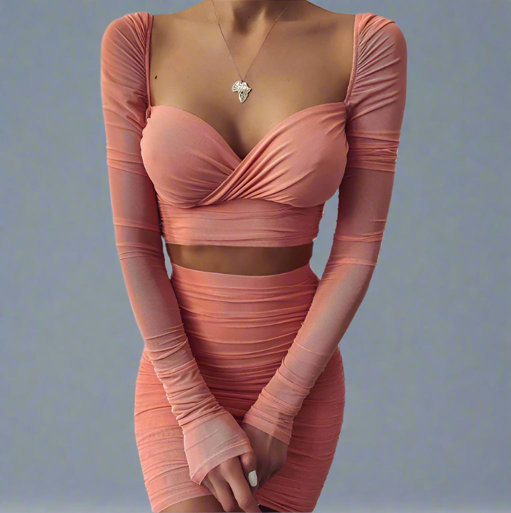 Long Sleeve Crop Top and Ruched Skirt Set