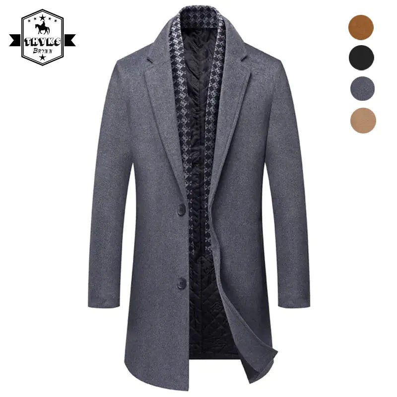 Men's Mid-Length Wool Blend Trench Coat with Scarf