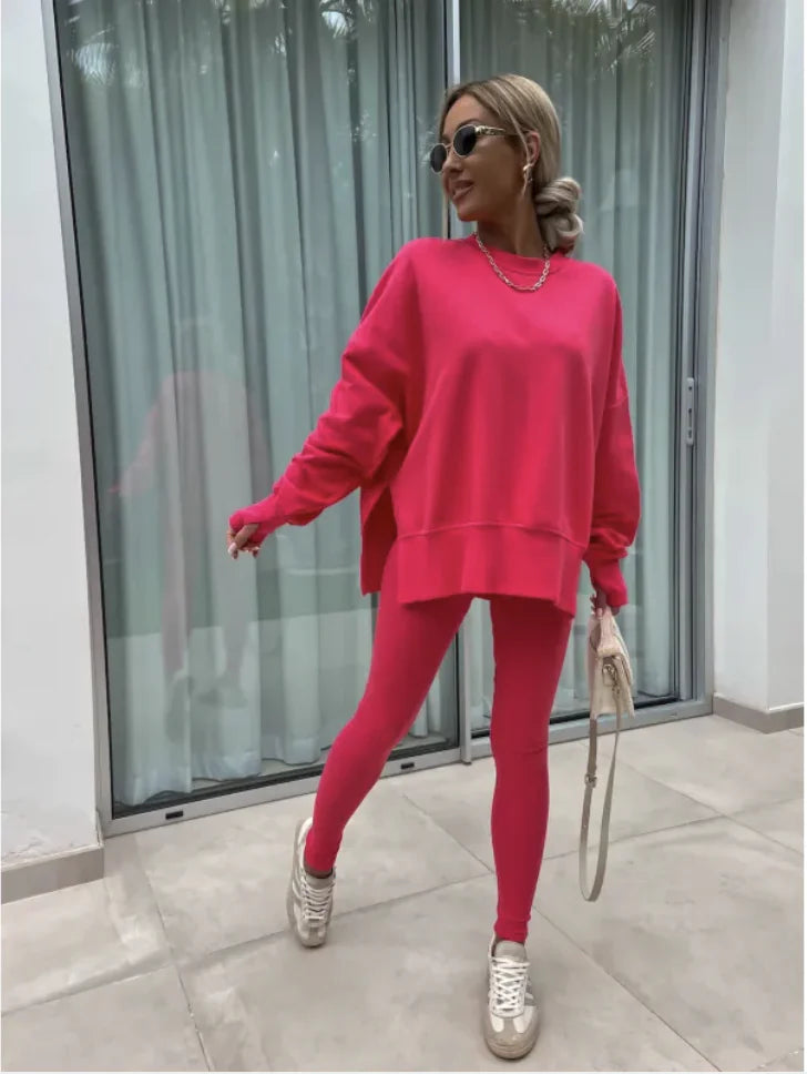 Women's Casual Sweater Set with Split Top and Tight Trousers