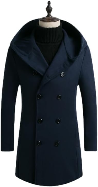 Men's Padded Hooded Mid-Length Woolen Trench Coat