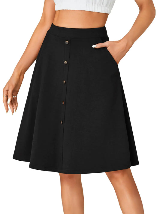 LYANER Womens Knee Length Casual Skirt Stretchy Button High Waist A-Line Flared Vintage Midi Skirts with Pocket Black XX-Large