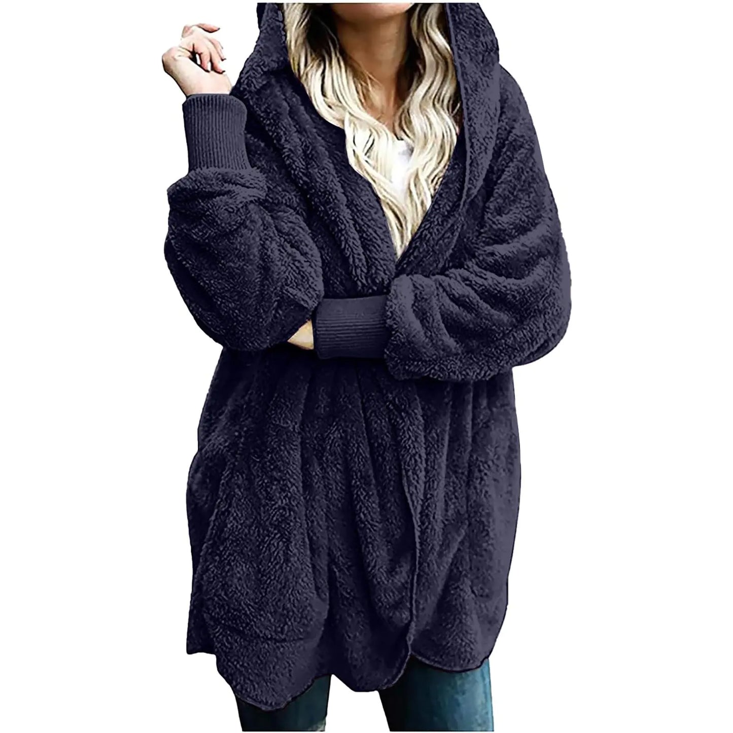 Droeadgor Jackets for Women Winter Coats with Hood Warm Oversized Fuzzy Jacket Long Cardigan