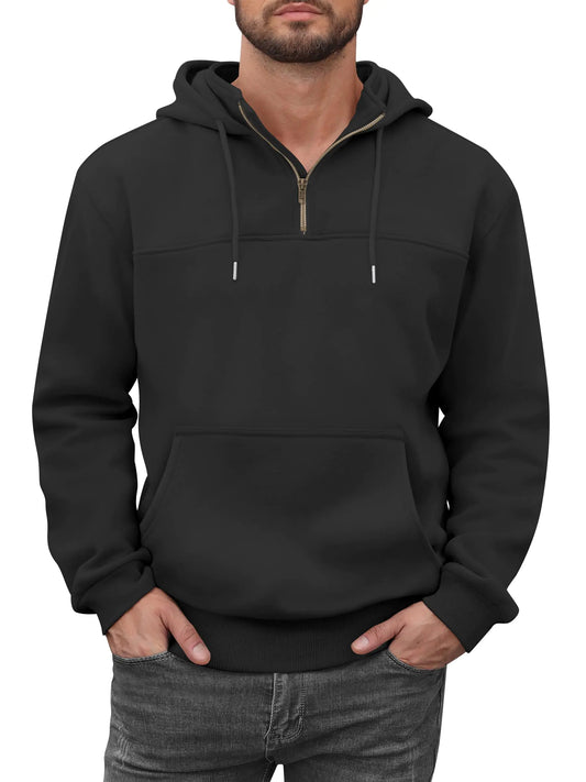 Caracilia Mens Half Zip Hoodies Midweight Loose Fit Fleece Quarter Zip Pullover Sweatshirt-Black-L