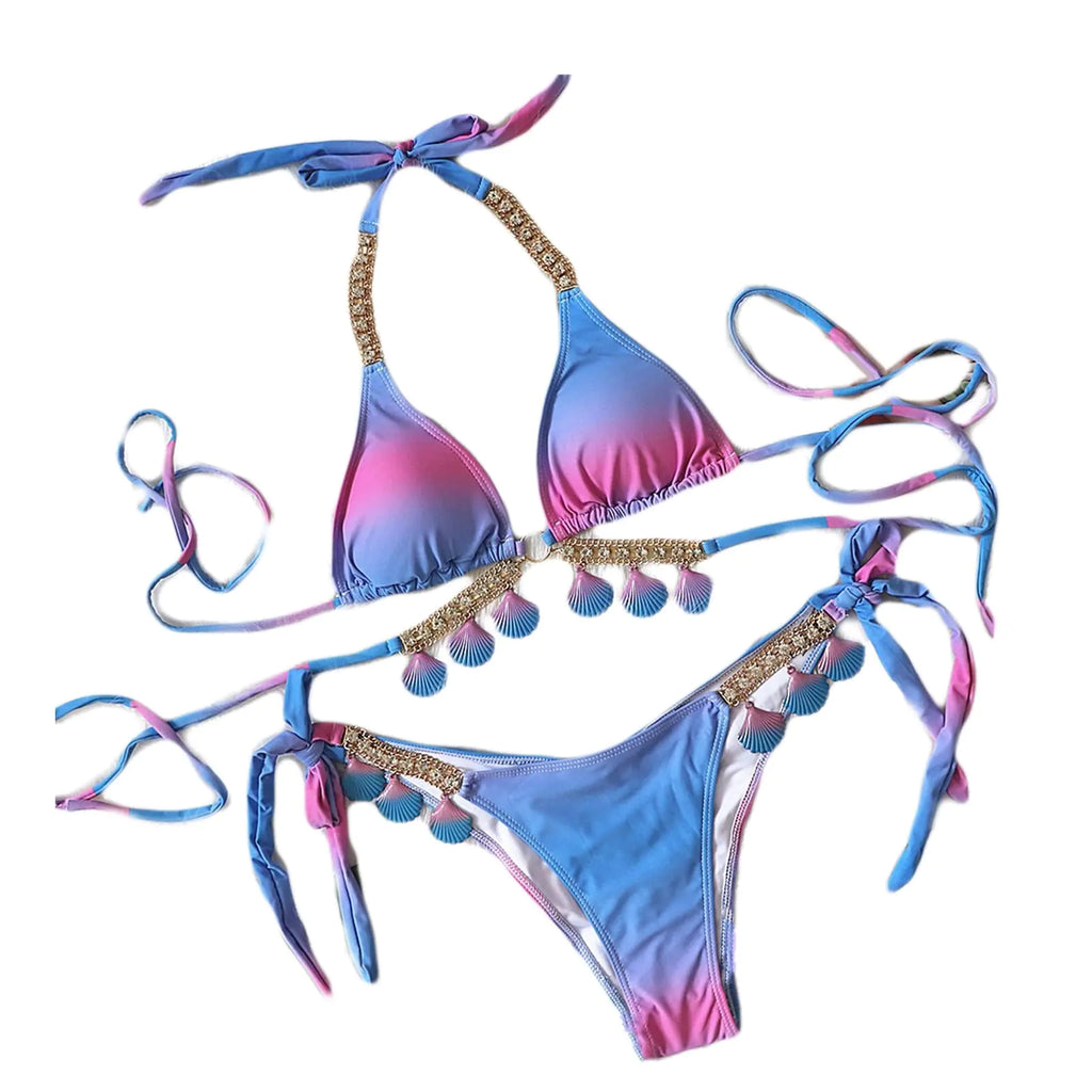 Colf Damen-Bikini, zweiteilig, Bademode, sexy Strass-Badeanzüge für Frauen, Bikini-Neckholder-Badeanzüge (Lila/Mittel)