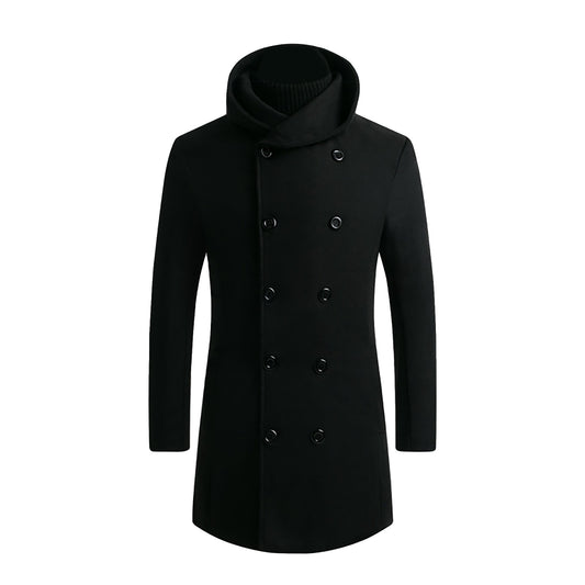 Men's Padded Hooded Mid-Length Woolen Trench Coat