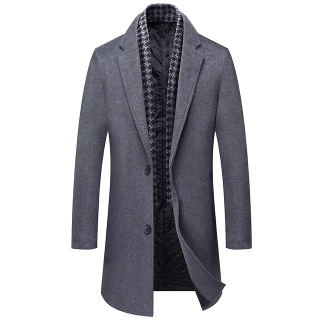 Men's Mid-Length Wool Blend Trench Coat with Scarf
