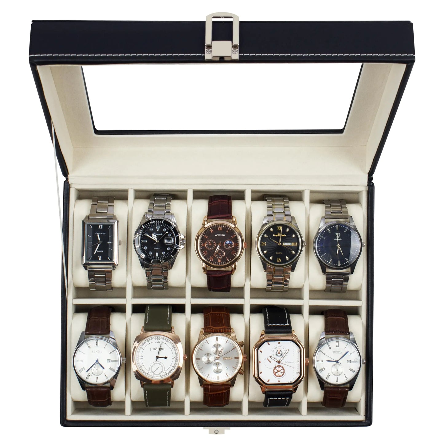 GUKA Watch Box 10 Slot Watch Case with Real Glass Lid Watch Display Case with PU Leather for Men and Women Black