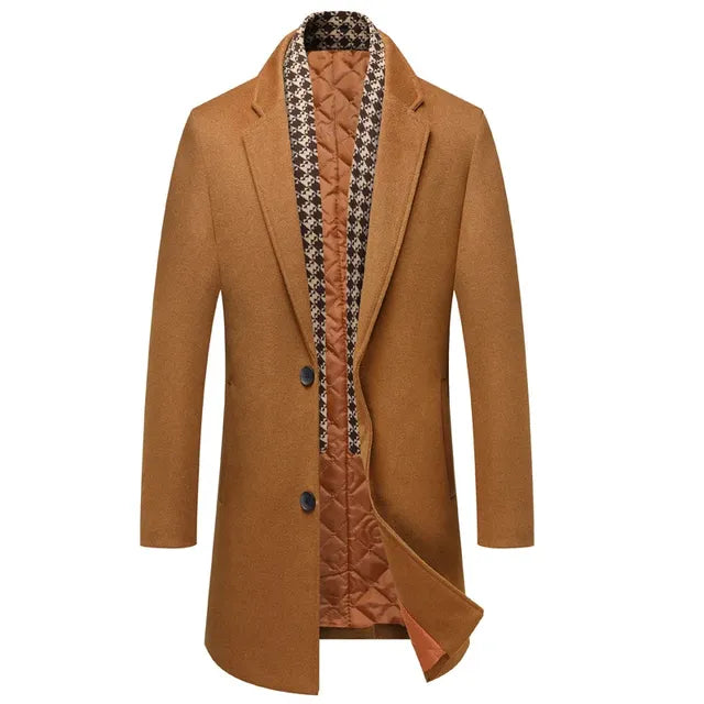 Men's Mid-Length Wool Blend Trench Coat with Scarf