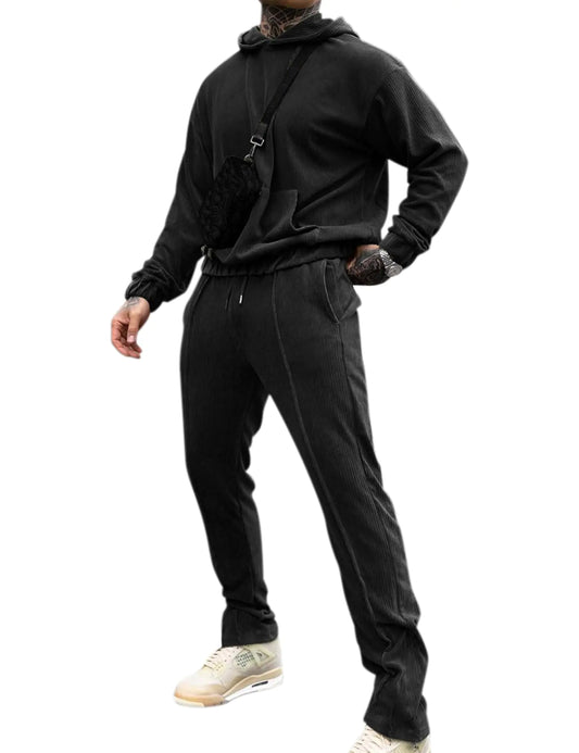 LecGee Mens Casual Sweatsuit Set 2 Piece Outfits Corduroy Pullover Sweatshirt Corduroy Pants Matching Tracksuit(BlackMedium)