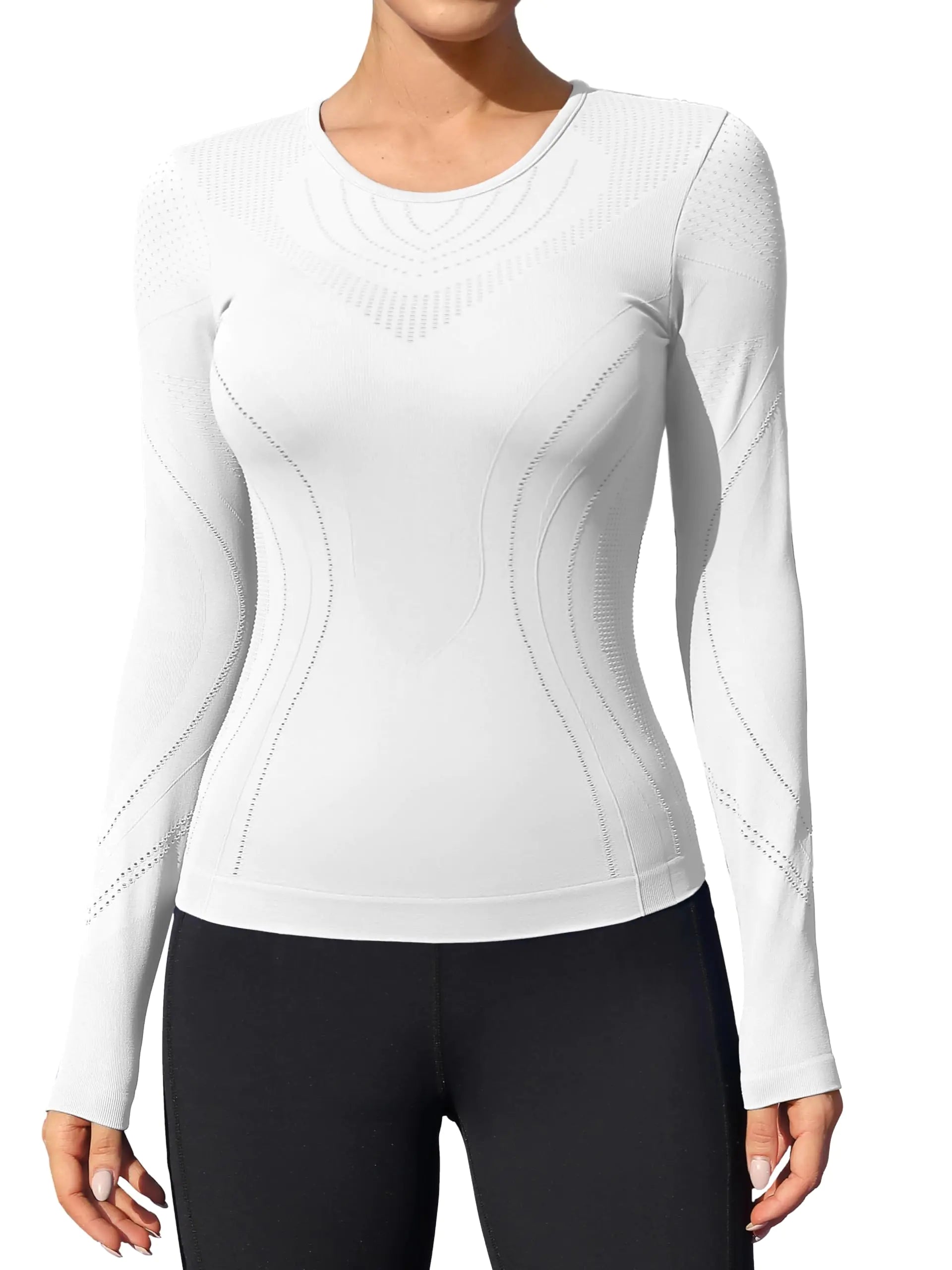 ATTRACO Enge Langarmshirts für Damen, weiß, Kompressionsshirts, sportliches Fitnessstudio-Oberteil, Basisschicht, XS