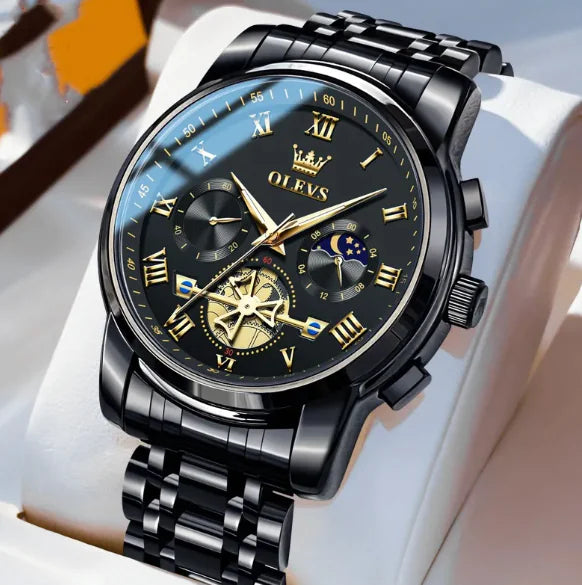 Men's Luminous Multifunctional Waterproof Quartz Watch with Stainless Steel Band