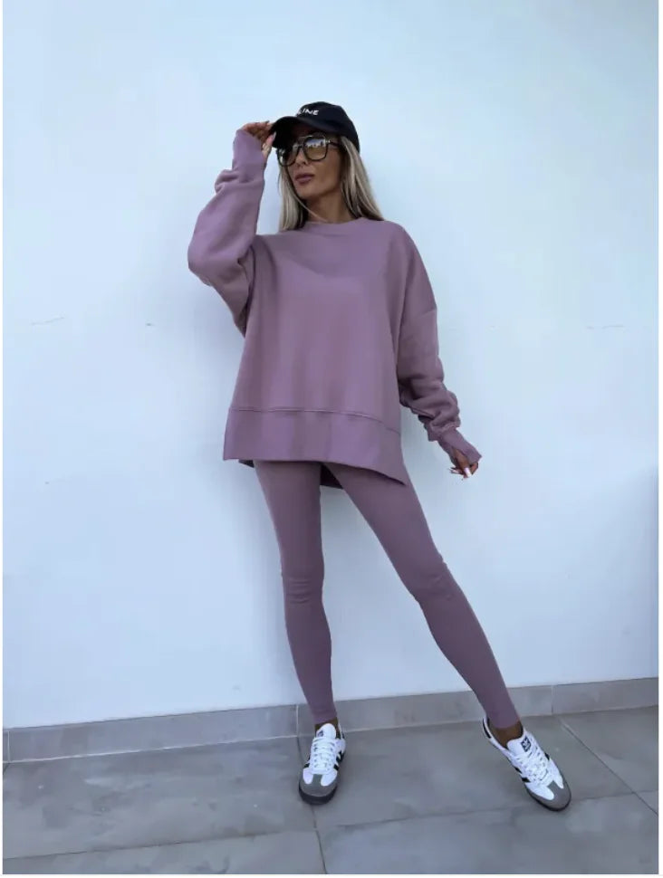 Women's Casual Sweater Set with Split Top and Tight Trousers