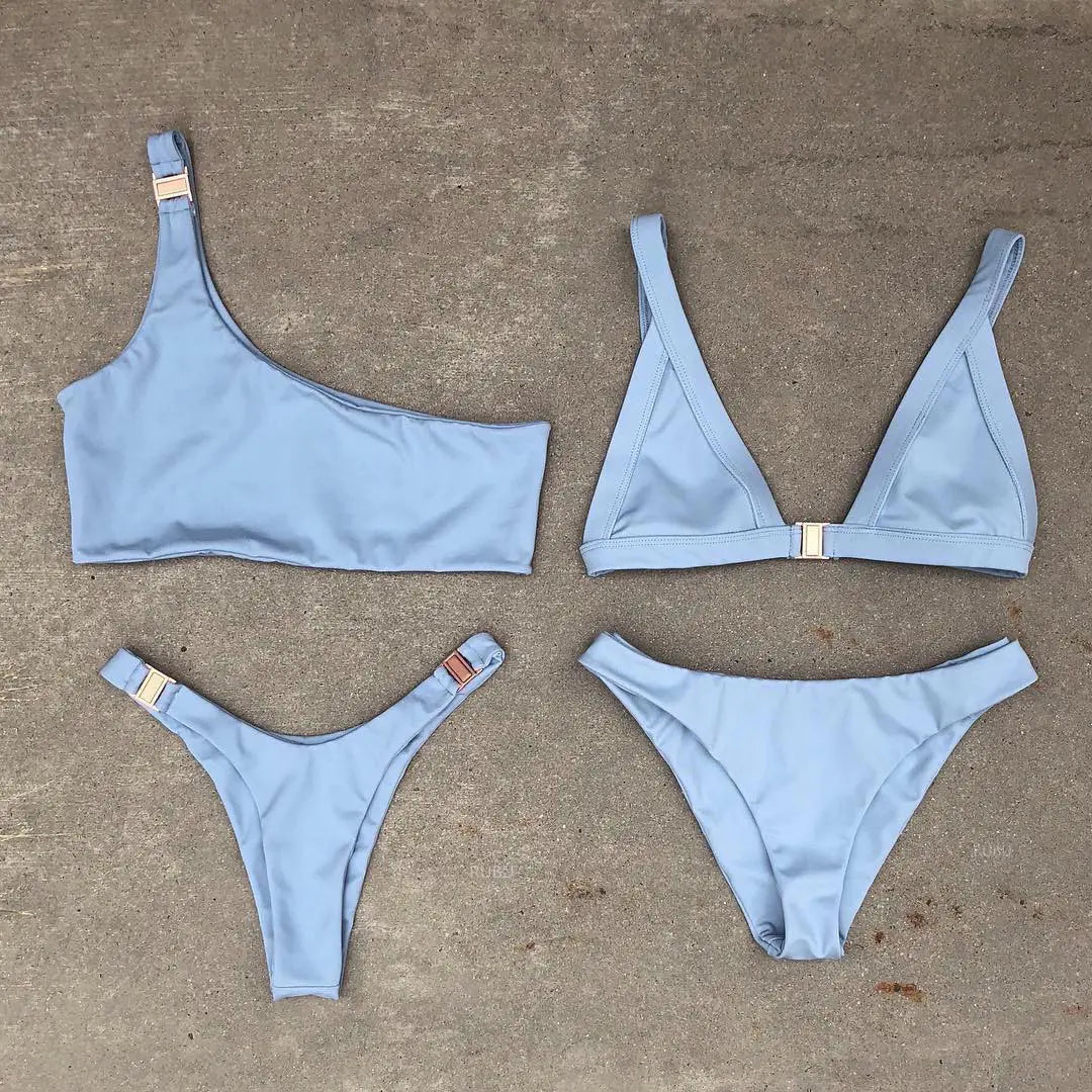 Women's One-Shoulder Solid Color Bikini Swimsuit