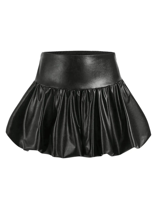 MakeMeChic Womens Leather Ruffle Hem Balloon Mini Skirt Bubble A Line Y2K Short Skirts Black Large