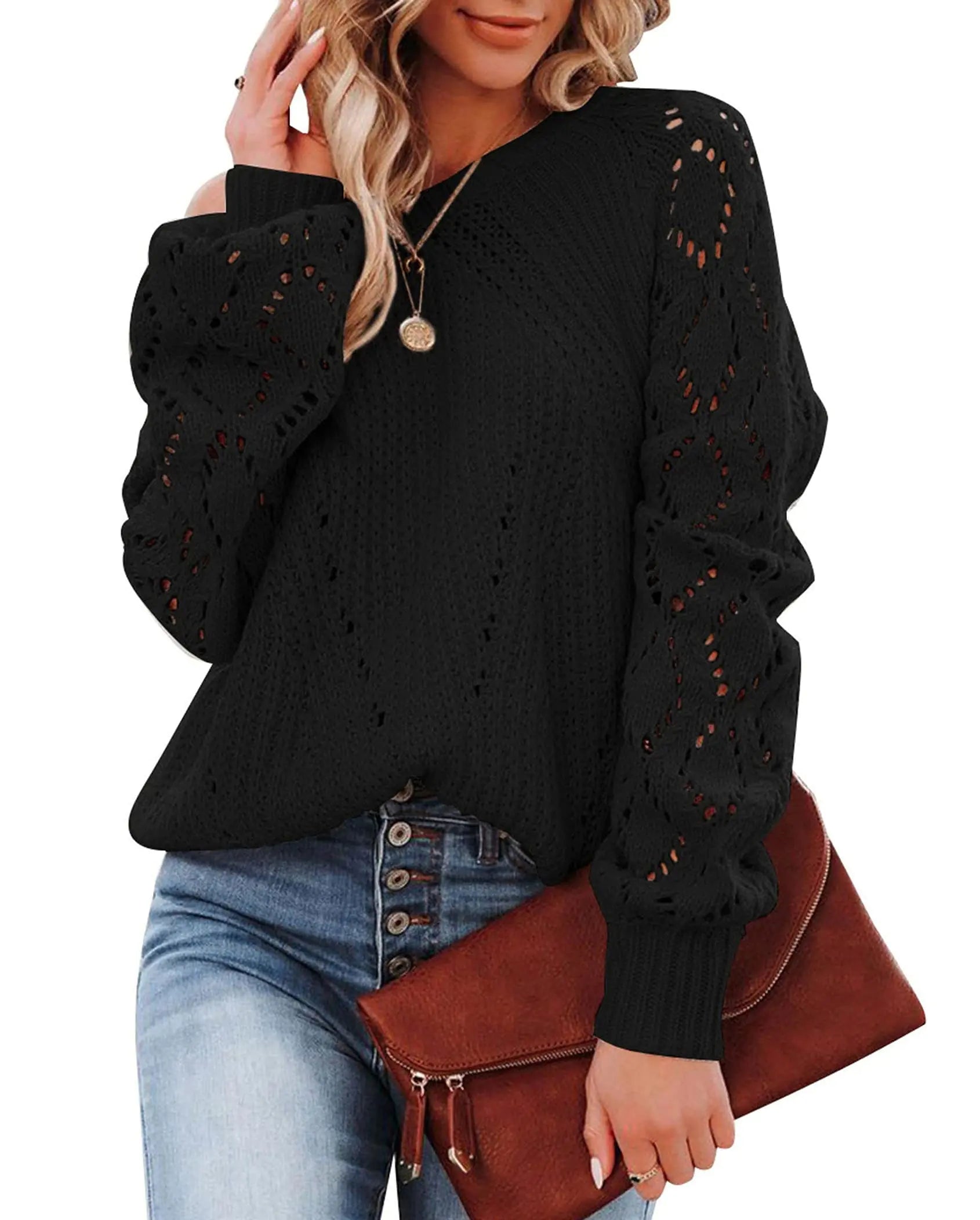 Womens Fall Fashion Crochet Long Sleeve Off The Shoulder Clothes Cute Crewneck Knit Pullover Jumper Tops Black