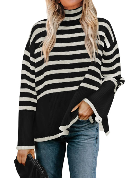 ZESICA Womens Casual Turtleneck Long Sleeve Striped Side Slit Loose Pullover