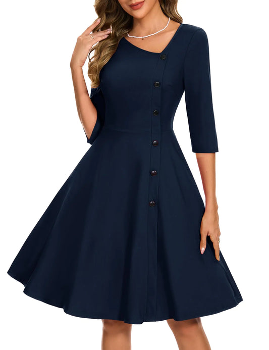 Aupuls 1950s Dresses for Women Long Sleeve Cocktail Dress Vintage Dress Swing Dresses Fall Navy Dresses for Women Wedding Guest Dresses for Women Navy M