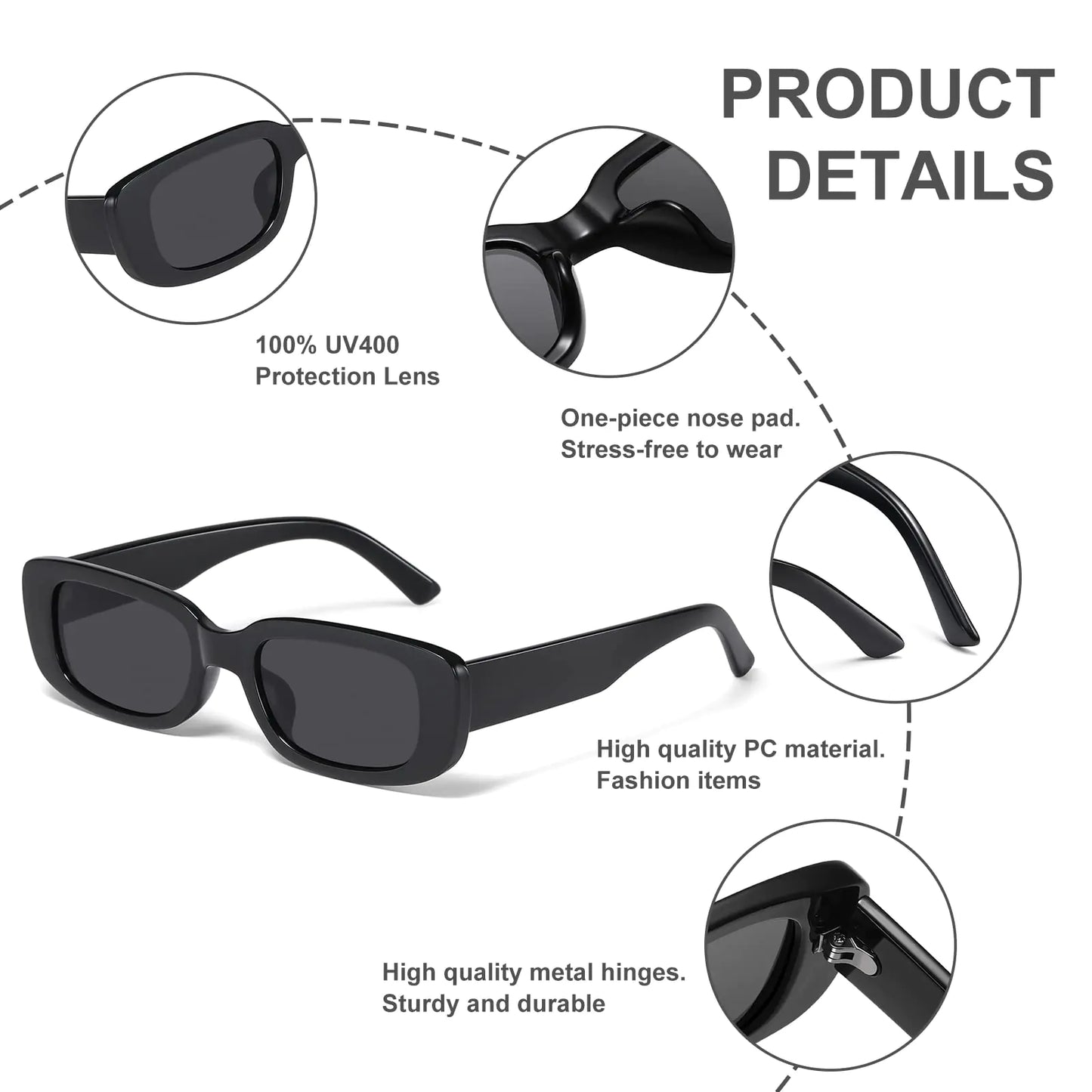 JASPIN Rectangle Sunglasses for Women Men Trendy Y2k Retro 90s Sun Glasses UV400 Protection Cool Square Frame Black+black+black+black