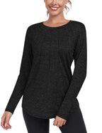 DUVOWE Camisetas deportivas de manga larga para mujer, cuello redondo, ligeras, de secado rápido, para senderismo, color negro
