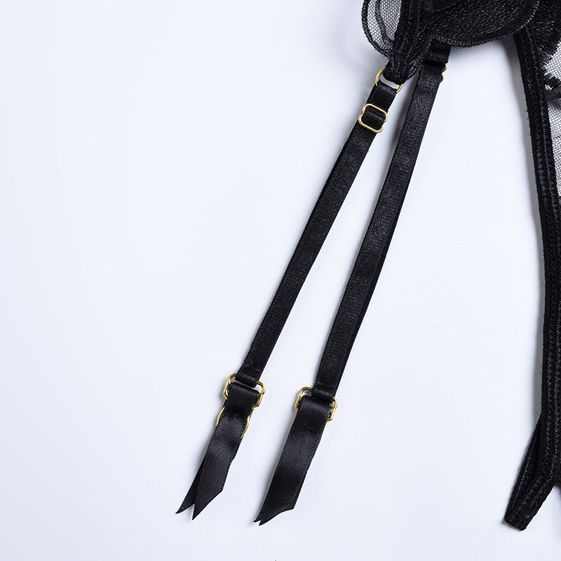 Black Enchanting Mesh Love Bra & Panty Set with Garter Belt Details