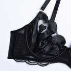 Black Enchanting Mesh Love Bra & Panty Set with Garter Bra Details