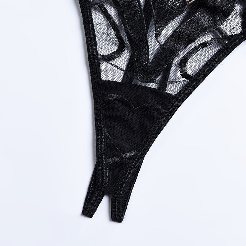 Black Enchanting Mesh Love Bra & Panty Set with Garter Crotch Details