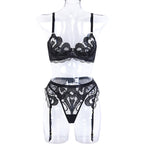 Black Enchanting Mesh Love Bra & Panty Set with Garter Front View