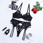 Black Enchanting Mesh Love Bra & Panty Set with Garter Over View