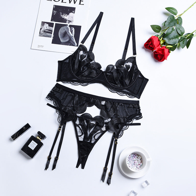 Black Enchanting Mesh Love Bra & Panty Set with Garter Over View