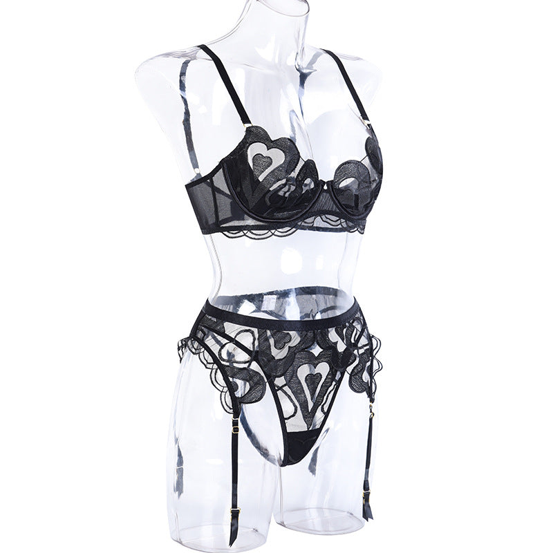 Black Enchanting Mesh Love Bra & Panty Set with Garter Side View