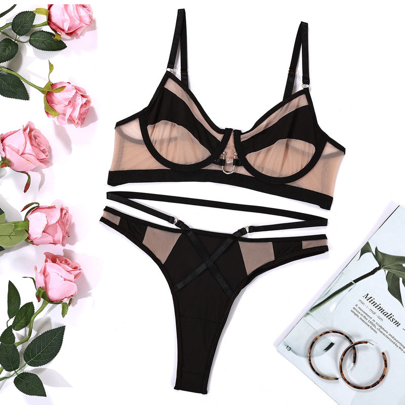 Black Mesh Splicing See-through Sexy Underwear Sexy Suit-Set Show