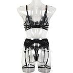 Black Radiant Gemstone Mesh Bra & Panty Set with Garter Back View