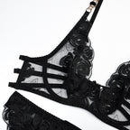 Black Radiant Gemstone Mesh Bra & Panty Set with Garter Bra Details