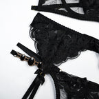 Black Radiant Gemstone Mesh Bra & Panty Set with Garter Details
