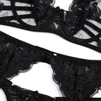 Black Radiant Gemstone Mesh Bra & Panty Set with Garter Garter Details
