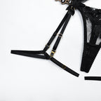 Black Radiant Gemstone Mesh Bra & Panty Set with Garter Leg Ring Details