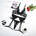 Black Radiant Gemstone Mesh Bra & Panty Set with Garter Over View