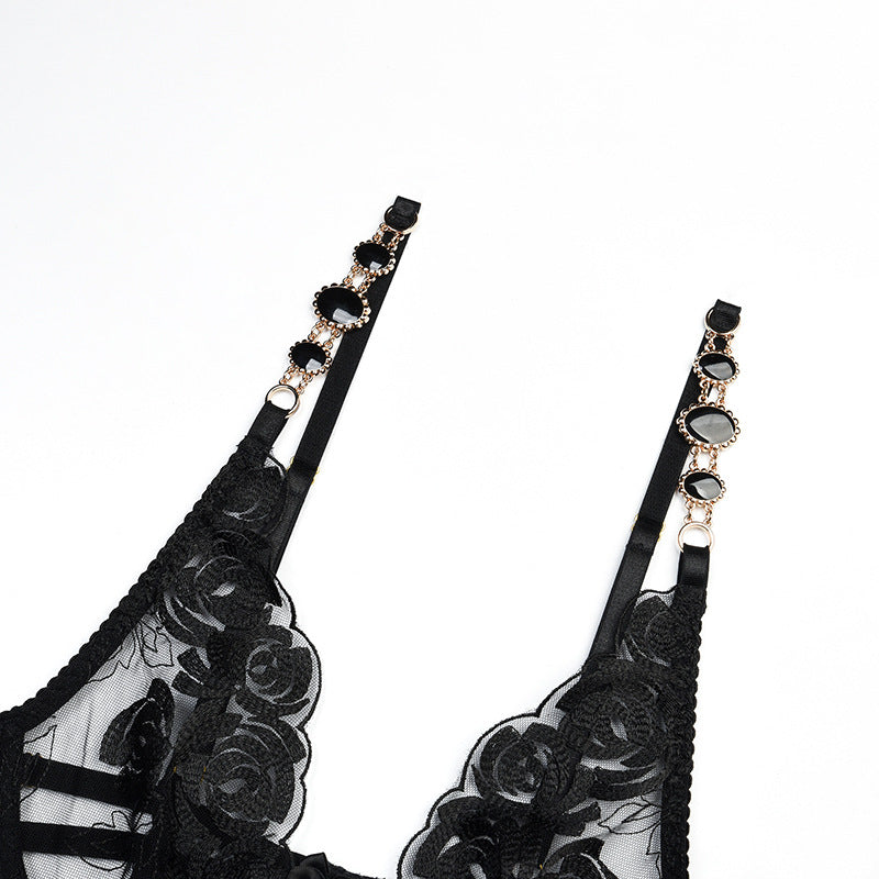 Black Radiant Gemstone Mesh Bra & Panty Set with Garter Strapy Details