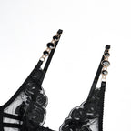 Black Radiant Gemstone Mesh Bra & Panty Set with Garter Strapy Details