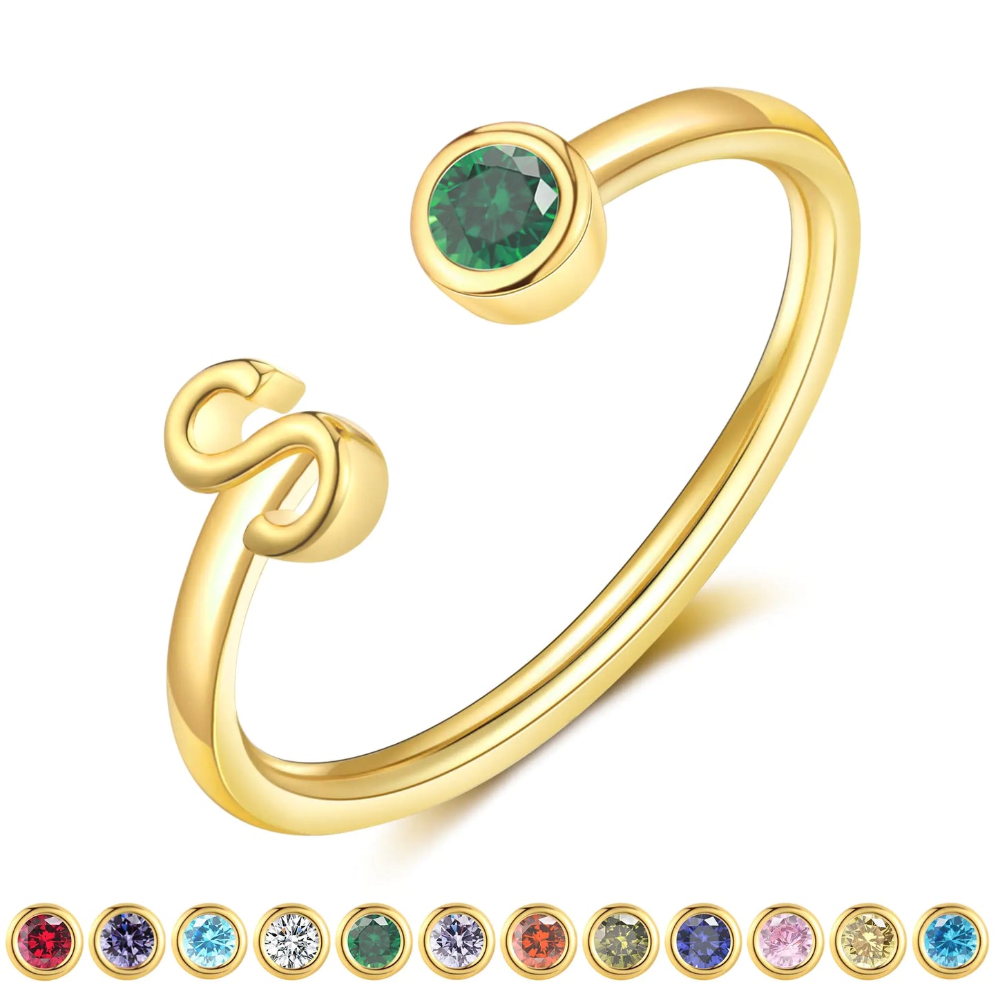 ZNBOH Gold Birthstone Initial Rings for Women Non Tarnish Dainty 14K Gold Plated Adjustable Letter Ring for Women Stackable Cute Thumb Pinky Fashion Unique Open Simple Birthday Gifts Jewelry