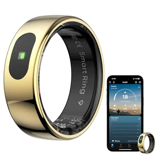 Smart Ring Health Tracker for Women & Men Fitness Ring with Sleep & Motion Tracking Touch Control No Subscription Required Compatible with iOS & Android (Gold 9)