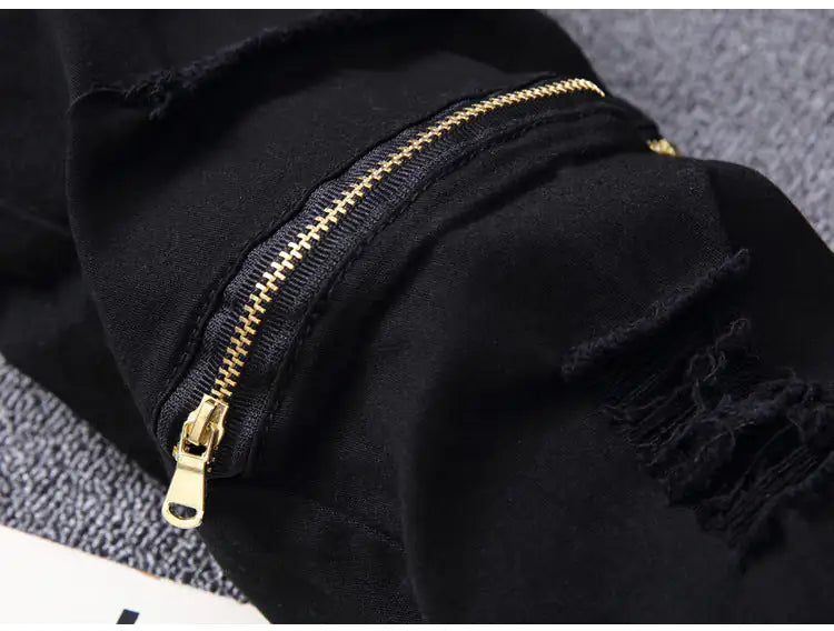 Zippered Holes Elastic Trend Denim Pants